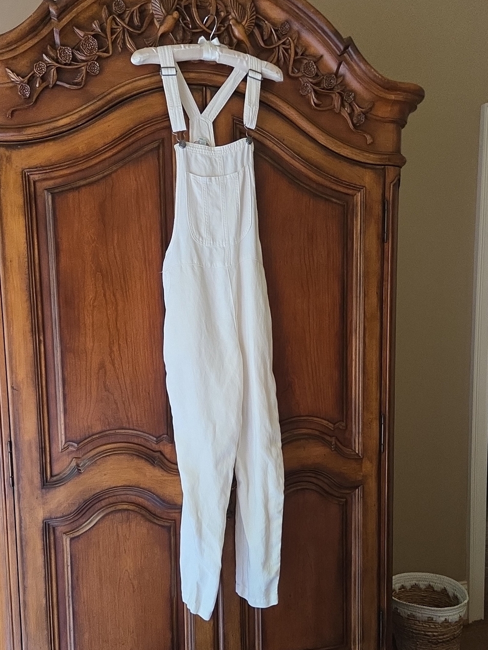 aerie White Denim Overalls with Front Bib